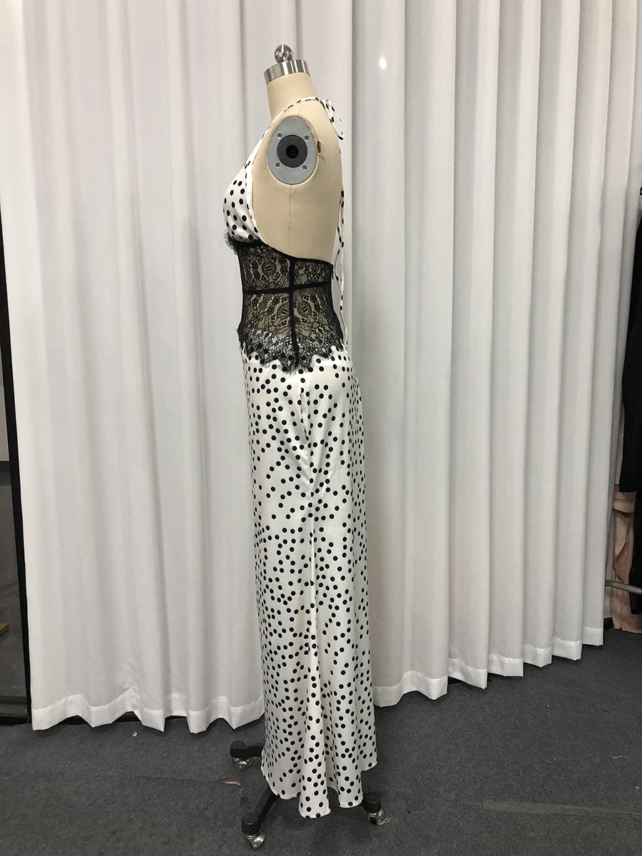 TWOTWINSTYLE ضرب اللون تقسم موجة نقطة فساتين أنيقة للنساء الرسن أكمام شير المرقعة الدانتيل فستان مثير الإناث جديد #5