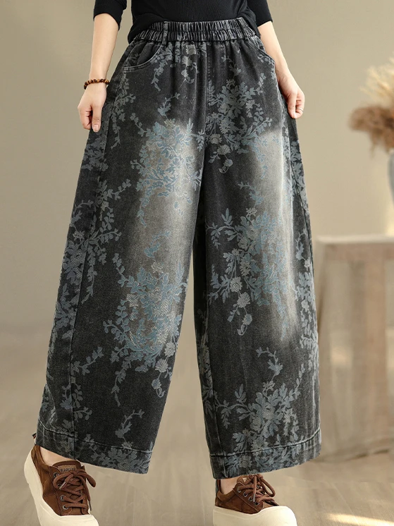 

Retro Chinese Sle Printed Wide Leg Jeans High Waist Straight Cut Loose Fit plus Size Slimming Casual Pants for Women