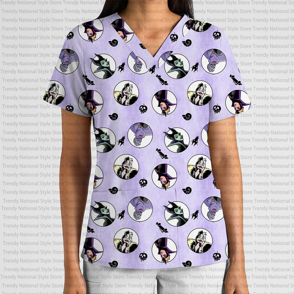 Uniforme da lavoro da donna All-match Alta qualità Halloween Sleeping Devil Stampa Scollo a V Tasca Scrub Top T-shirt per negozio di animali dentali