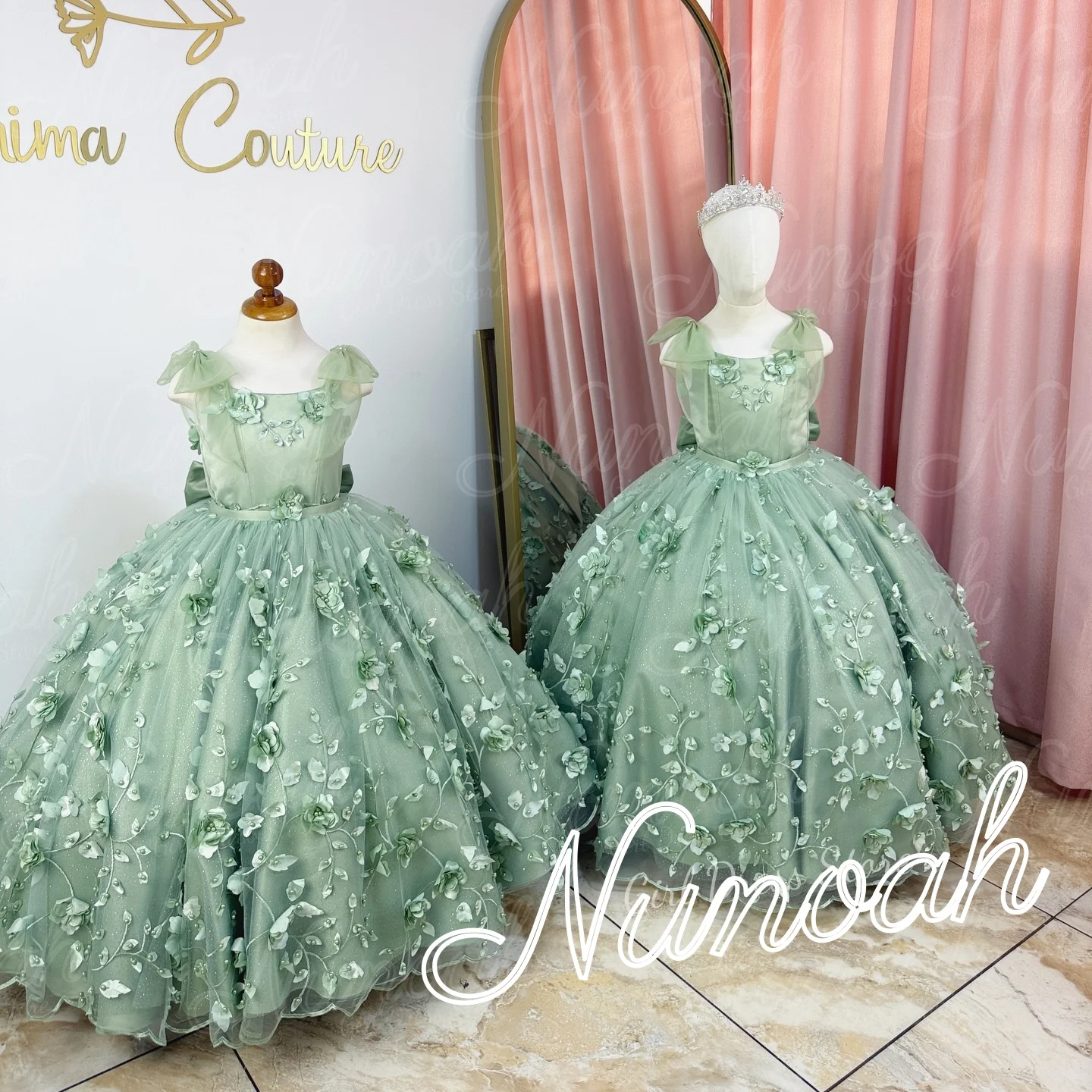 abiti-da-damigella-d'onore-verdi-per-matrimonio-con-applicazioni-in-pizzo-floreale-abiti-da-compleanno-per-servizi-fotografici-abiti-da-prima-comunione-personalizzati