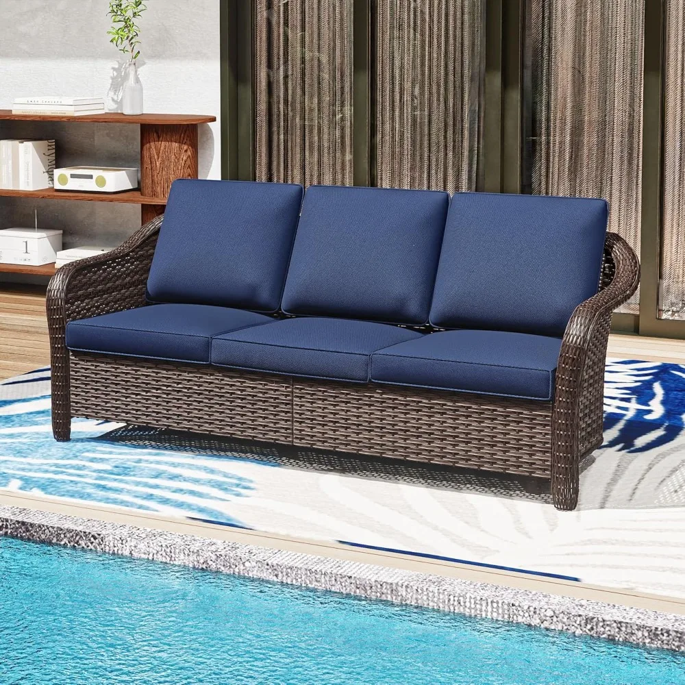 

78" Wicker 3-seat Sofa, Outdoor Conversation Furniture, All-Weather Rattan Couch, Steel Frame Couch with Cushions for Garden