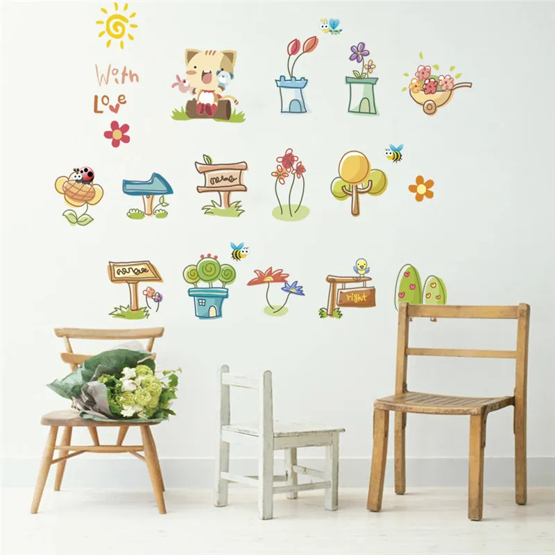 Lovely Cat's Garden Flowerspot Wall Sticker For Kids Room Bedroom Baseboard Home Decor Animal Mural Art Diy Pvc Wall Decals