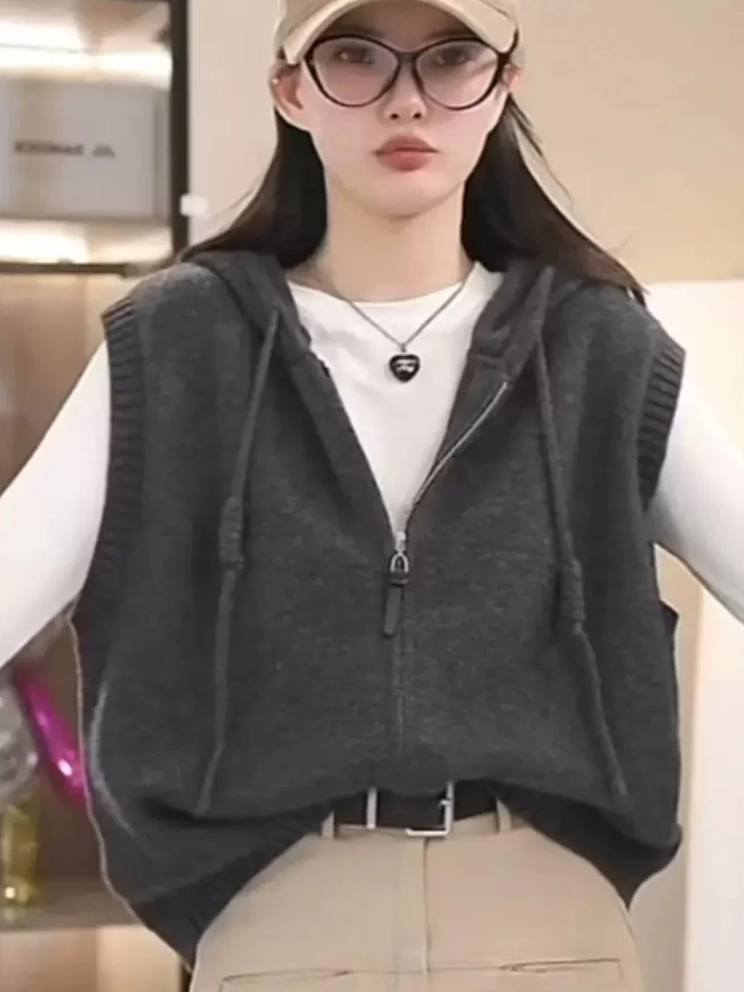 Women's Loose Knitted Vest Top Zipper Hooded Layering Base Shirt Spring Autumn Fashionable Casual Polyester Acrylic Blend