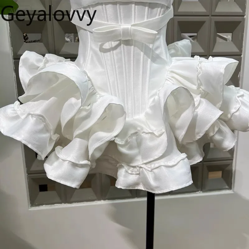 Summer Sweet Cute Girls Lace-Up Cake Puff Mini Dress Versatile Fishbone High Waist Tie Short White Party Dresses for Women