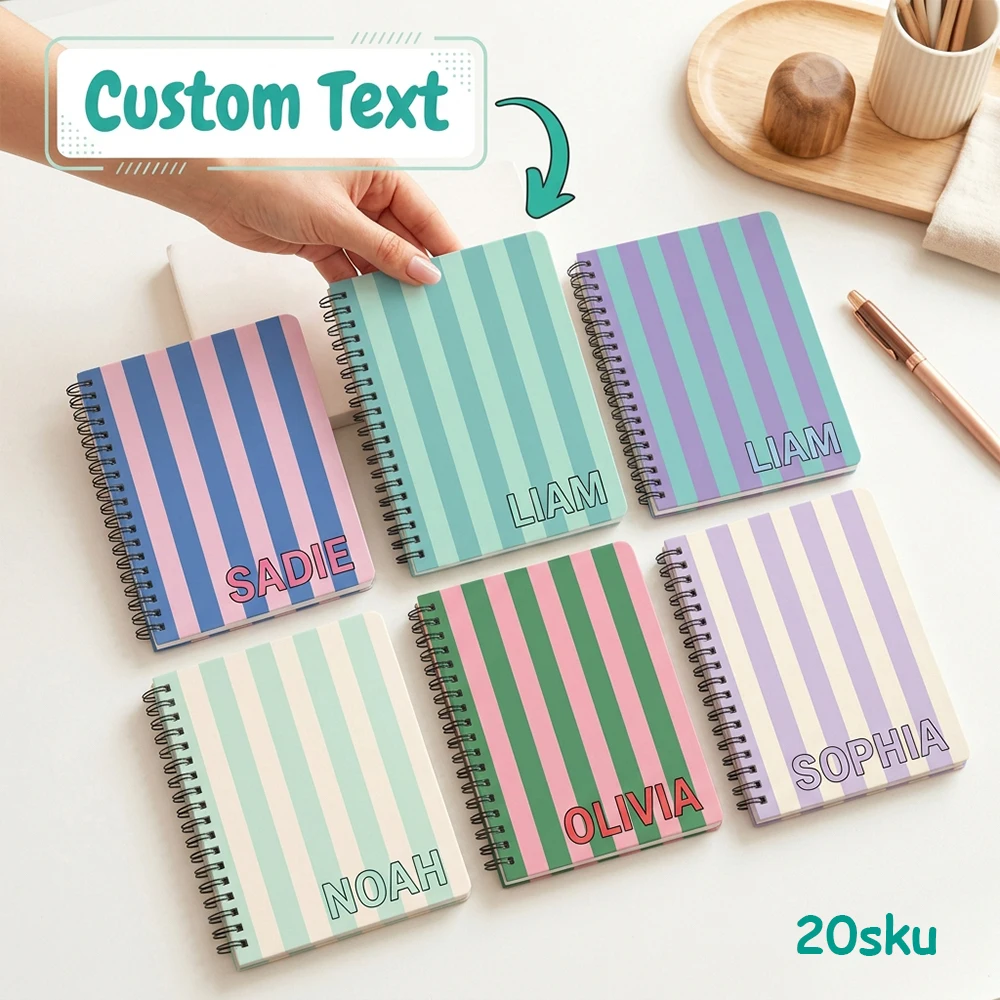Personalized Custom Name Spiral Notebook,Striped Hardcover,Lined Inner Pages,Note Taking,Back To School,Students,Office Journal
