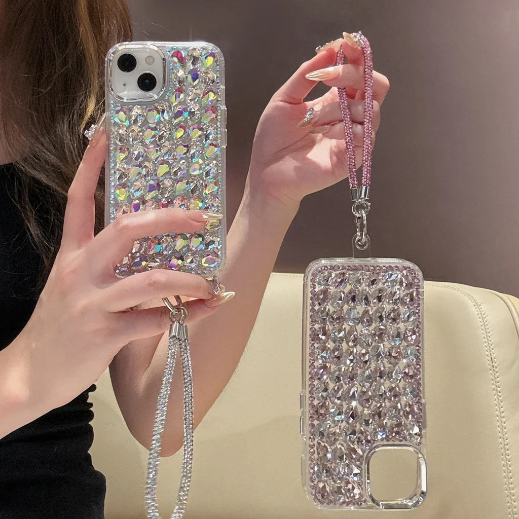 Exquisite BlingBling Stereoscopic Rhinestone Decoration Lanyard Phone Cover Case for iPhone 16 15 14 13 12 11 Pro Max Plus