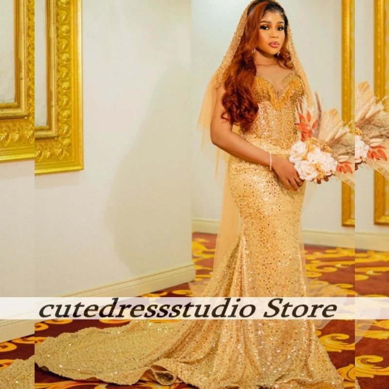 

Luxury Golden Sequin Evening Dress Nigerian Tassel Beaded Mermaid Prom Dresses Wedding Party Gowns Customized Vestido De Gala