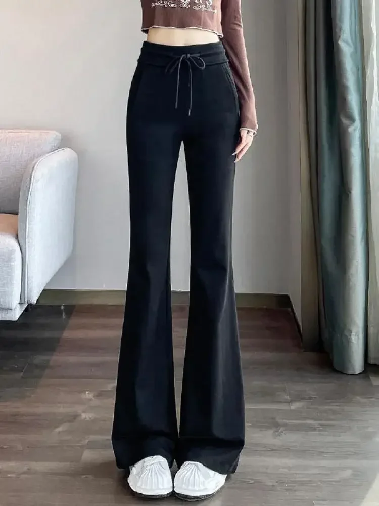 

Women's Black Long Pants Slim Bell-bottoms High Waist Autumer Korean Fashion Y2k Gray Casual Drawstring Bandage Trousers L37