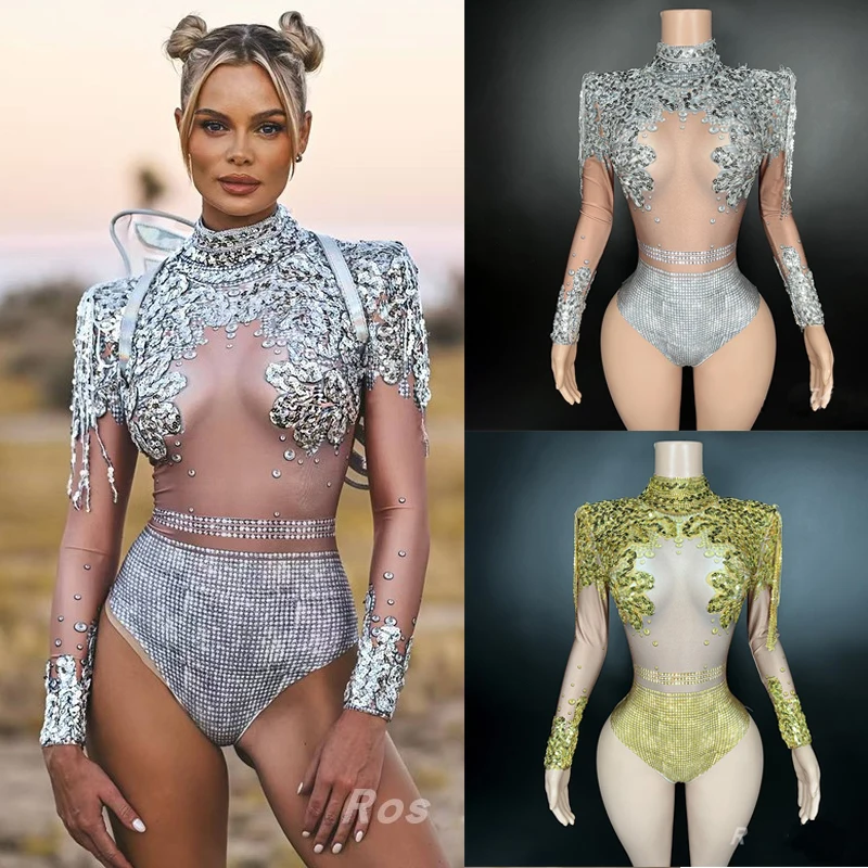 

Sexy Gogo Dance Costume Rhinestone Stage Costume Silver High Collar Bodysuit Nightclub Bar Ds Rave Outfit Festival Clothing 2625