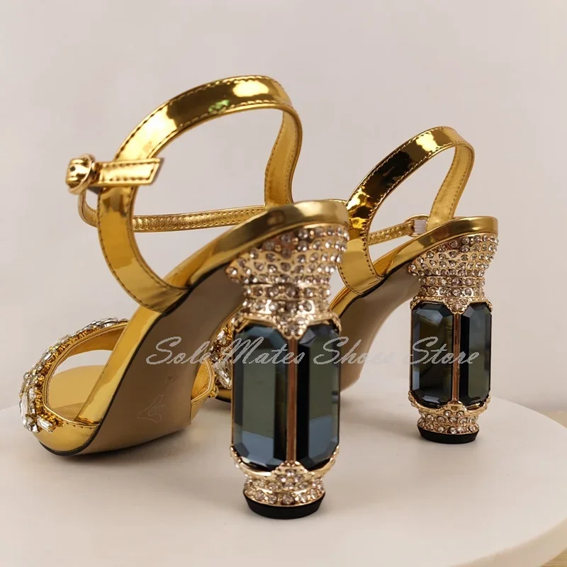 Nuovo arrivo strass dorati sandali con tacco alto grosso estate elegante fibbia alla caviglia décolleté con cinturino a T scarpe eleganti da donna per feste