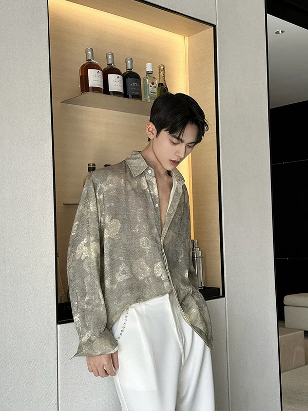 

Tangz Studio Men's Casual Loose Long Sve irt Tie-Dye Satin Collar Versatile Sli Outerwear Spring Faion Polyester