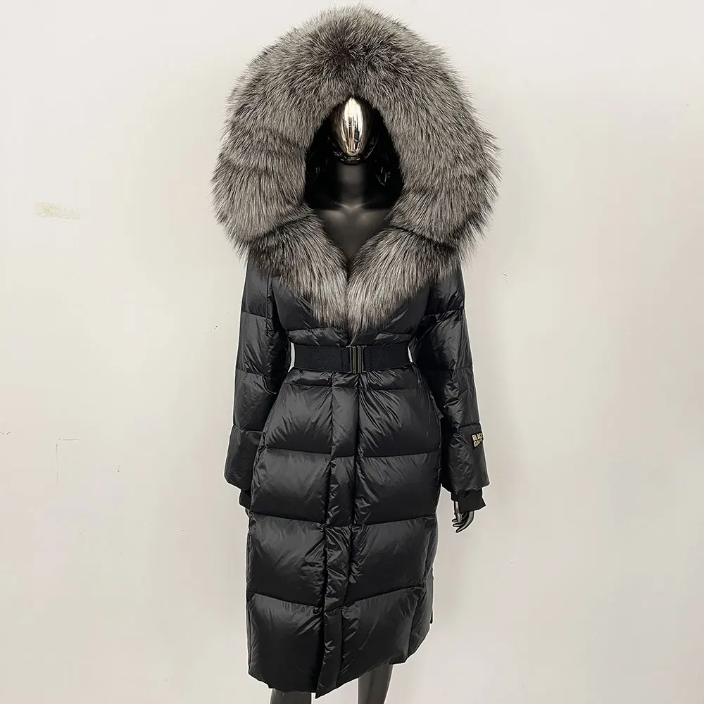 Down Coat Women Winter Thick Autumn Hat Detachable X-long White Duck Down Jacket OverwearsReal Fox Fur Collar Hooded Fur Jacket
