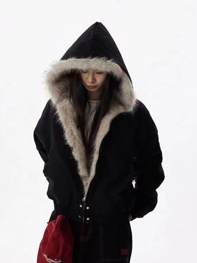 อเมริกันวินเทจผู้หญิงขนสัตว์ Patchwork Coat ฤดูหนาว High Street Spice Girl ออกแบบ Hooded แจ็คเก็ตหญิงเกาหลีแฟชั่น Y2k เสื้อผ้า