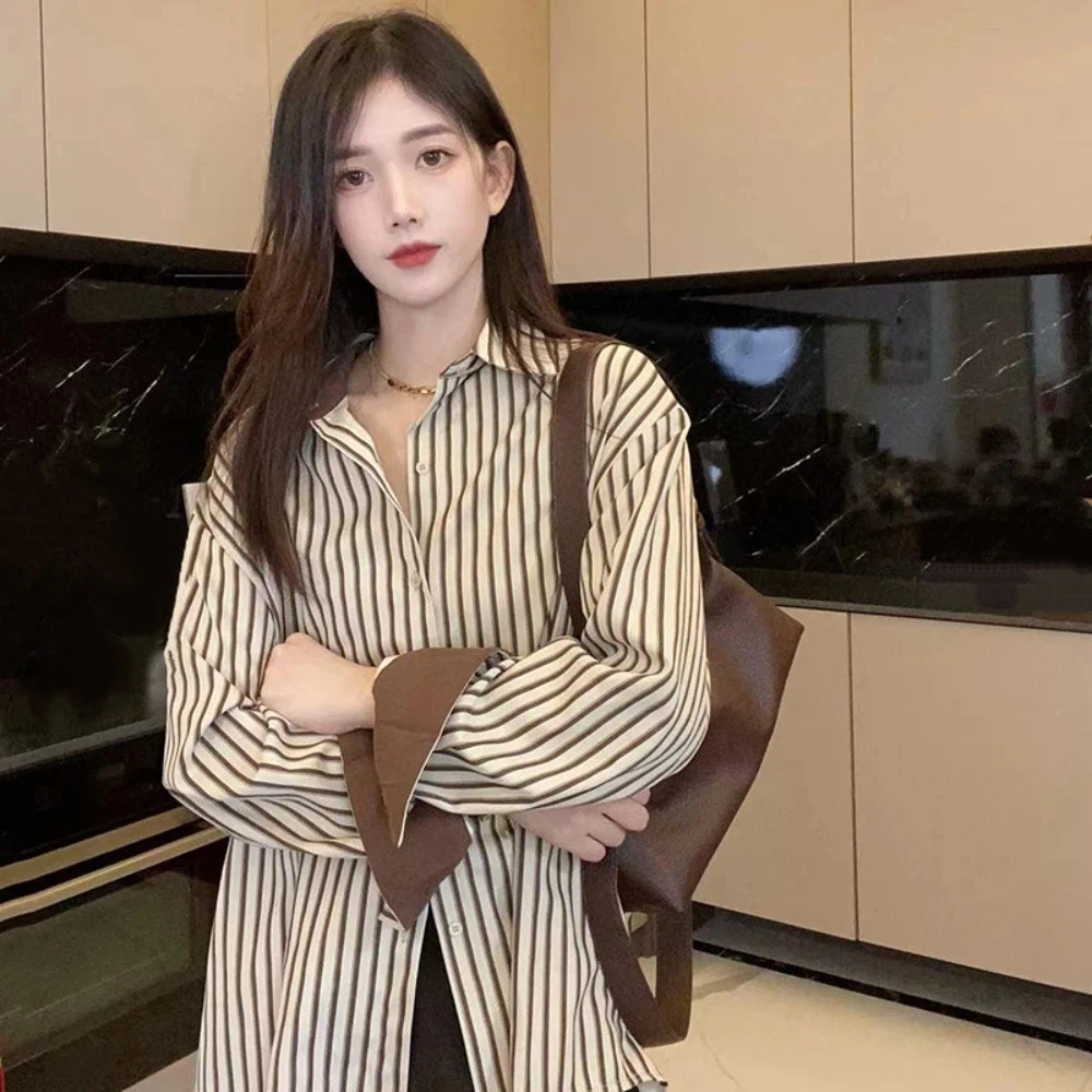 V-hals Dames Streep Shirts Tops Lange Kleding Mouwen Abrikoos Koffie Koreaanse Stijl Blouse Eenvoudige Streetwear Streep Knoppen Shirts