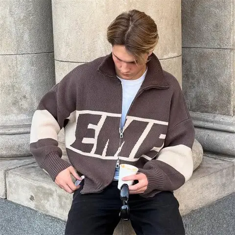Retro Original Style Color Contrast Letter Knitted Cardigan Street Harajuku Oversized Y2k Casual Zipper Sweater For Men Women