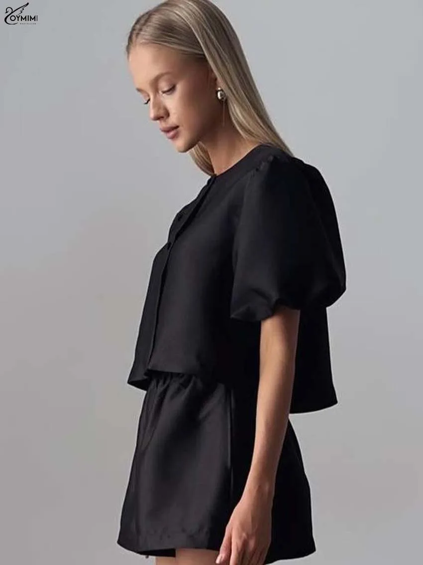 Oymimi أنيقة الساتان الأبيض 2 قطعة مجموعات امرأة الزي موضة س الرقبة قصيرة الأكمام زر القمصان و عالية الخصر مجموعة السراويل البسيطة #4