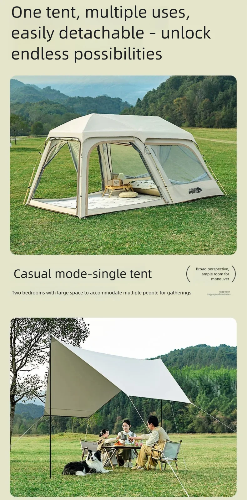 Automatic tent, two rooms, one hall, aluminum pole, rainproof, sunscreen extension, big canopy, camping, picnic, night stay