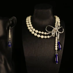 Light luxury personality bow blue rhinestone pearl necklace set delicate and elegant women's wedding jewelry