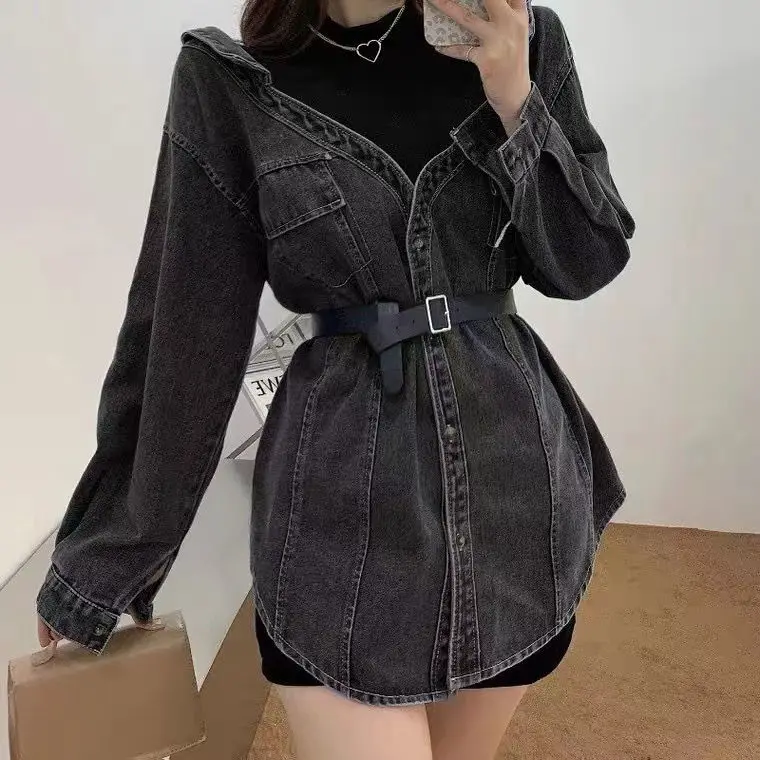 Women\'s early autumn new Western style fat mm waist is thin and meat is stitched fake two denim jackets