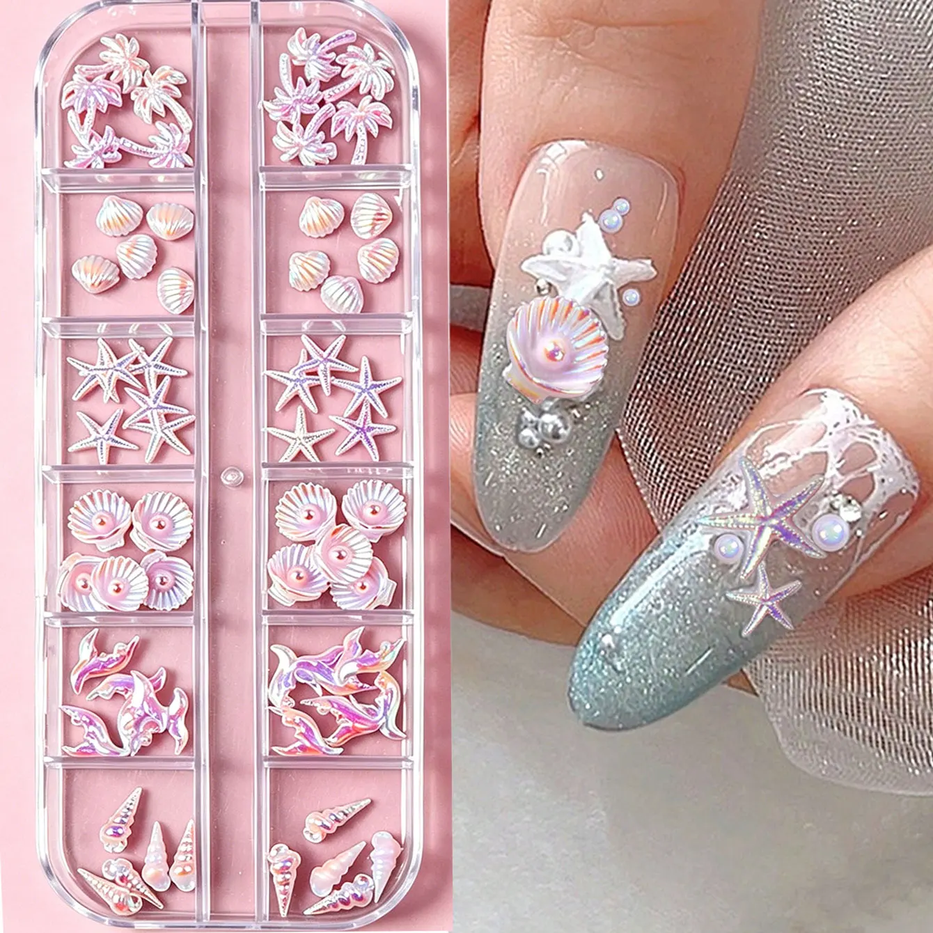 60pcs 3D Shell/Starfish/Fish Tail/Conch/Coconut Tree Nail Charms 12grids Cute Summer Ocean Beach Nail Charms Resin Nail Supplies