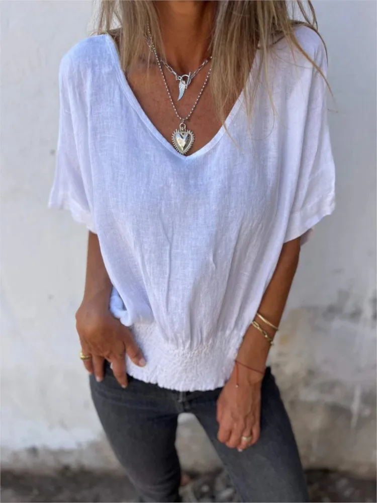 

Cotton Linen Shirt Summer Casual Tops For Women New Short Sleeve V-neck Loose Solid Women's Blouse Comfortable Elegant Top