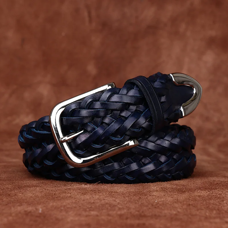 3.5cm Genuine Leather Braided Belt Men First Layer Cowhide Hand-woven Belt Men's Pin Buckle Casual Pants Belt Cinturones Hombre