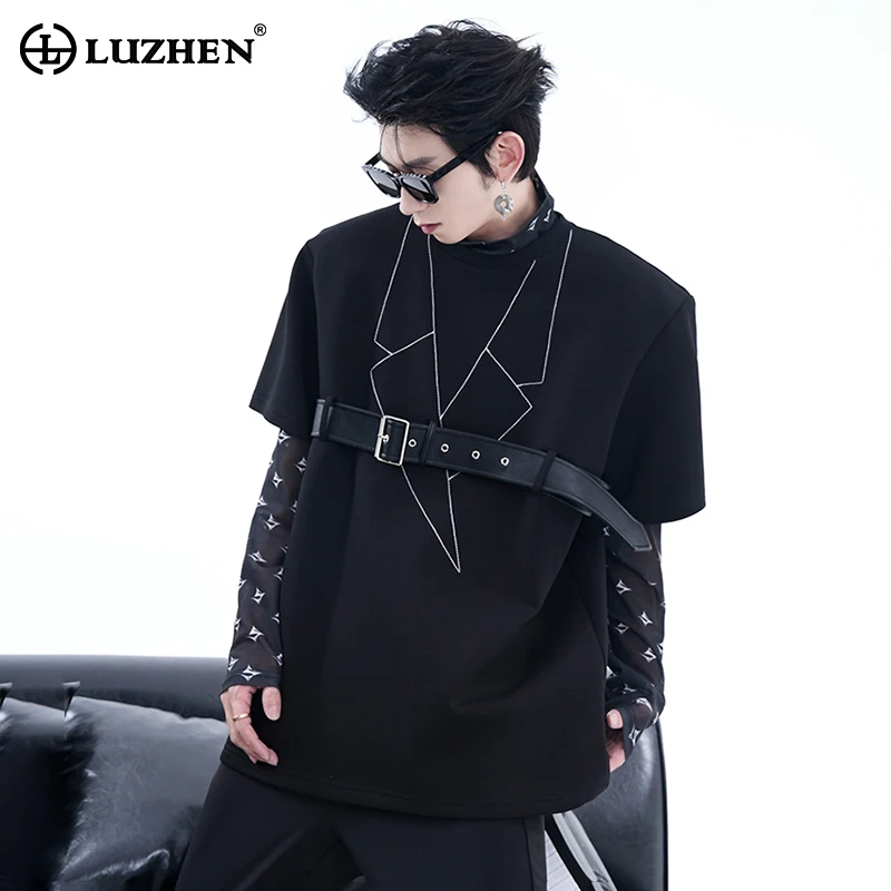 

LUZHEN Summer Stylish New Belt Patchwork Printed Design Short Sleeved T Shirt Fashion Street Wear High Quality Men's Tops LZ4444