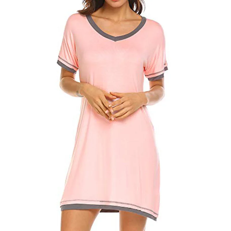 Comfortable Round Neck Loose Contrast Color Cotton Short-sleeved Home Loungewear Ladies Nightdress Multicolor