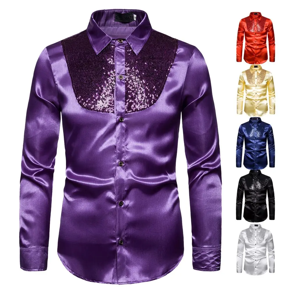 Camisa casual de lantejoulas com glitter masculina, top sexy masculino, performance de palco, casamento, apresentador, baile de formatura, festival, banquete, moda