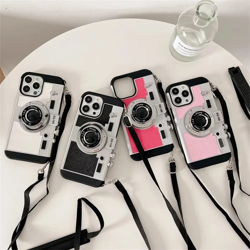 Fashion 3D Retro Camera Leather Case For iPhone 15 14 13 12 11 Pro Max Plus Cover 12 Mini X XS XR 6 7 8 Plus SE Protective Shell