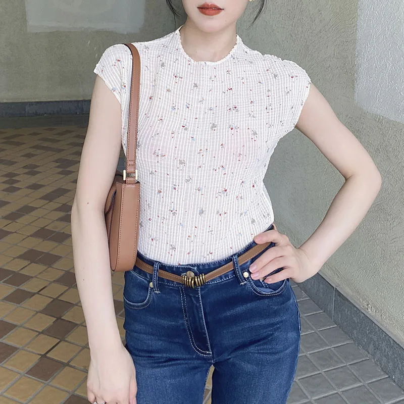 

Goka New Summer 2025 Women's Slim Fit round Ne Svel Pleated Floral Print Chiffon irt Cool Feeling Regular Thin