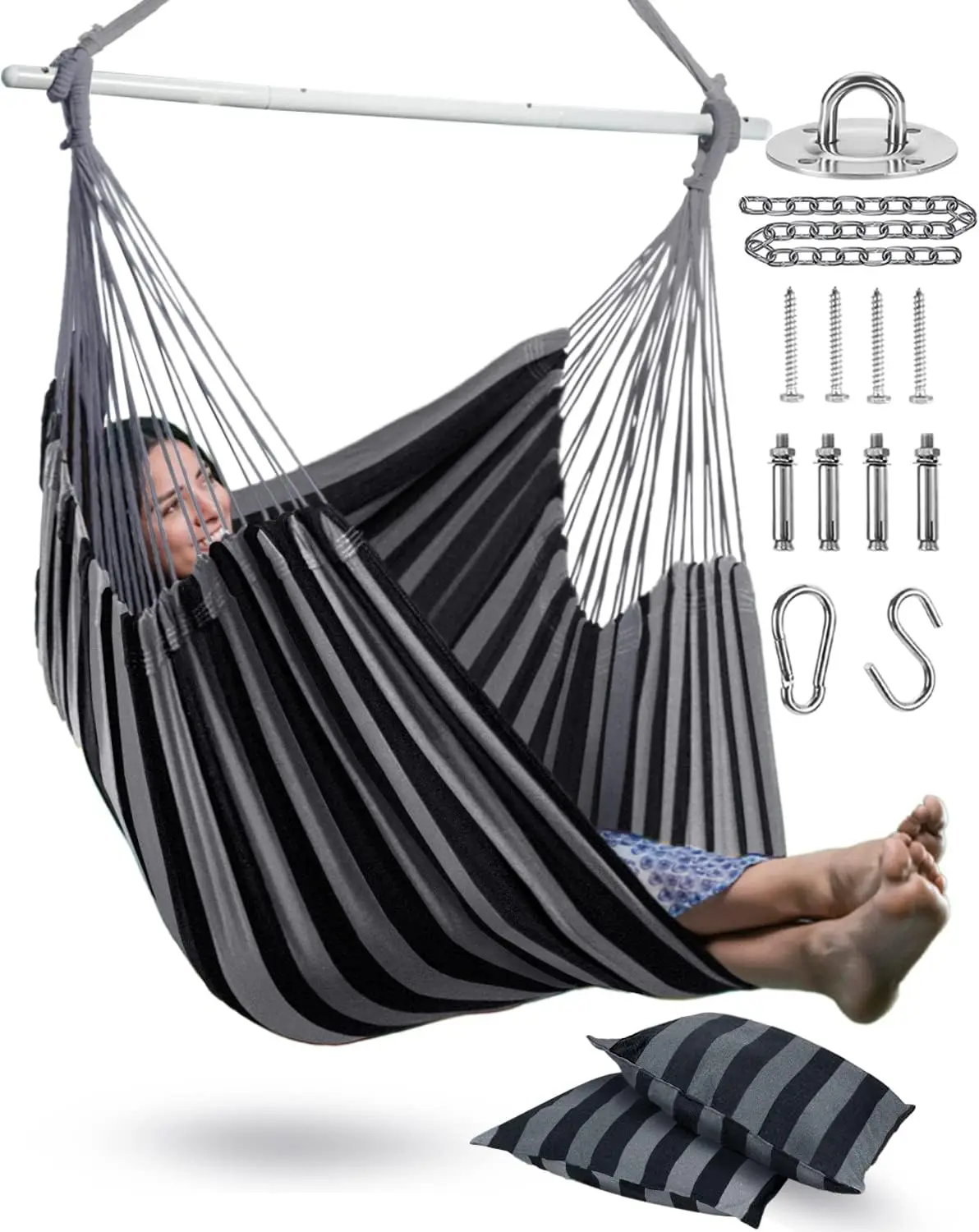 

XXL Hammock Chair with 2 Cushions, Hanging Rope Swing for Patio, Porch, Bedroom, Backyard – Includes Hardware Kit