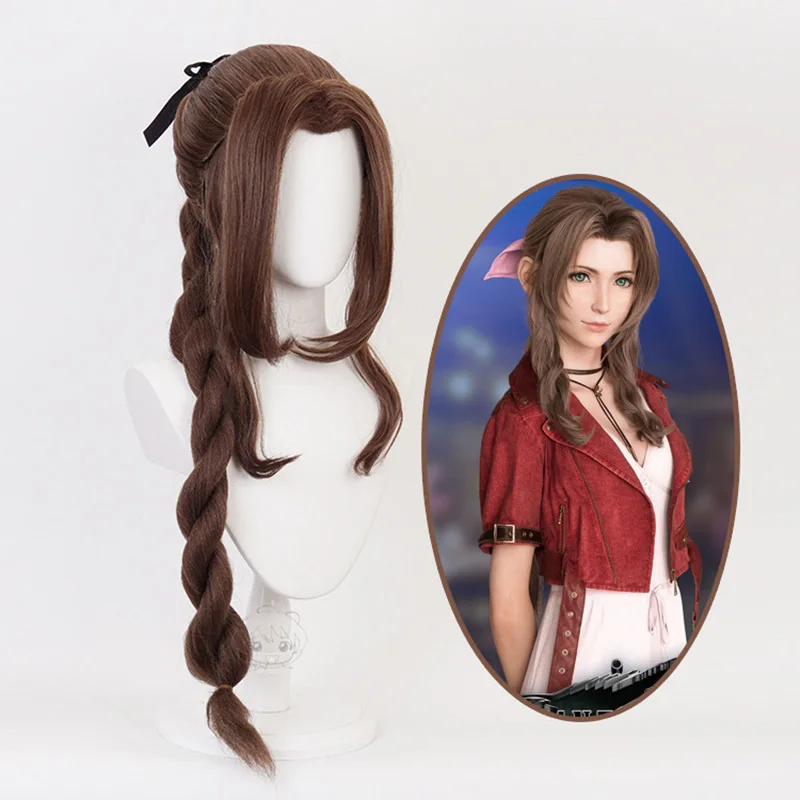 Final Fantasy VII Cosplay FF7 Aerith Gainsborough Wigs Cosplay Heat Resistant Synthetic Hair Brown Cosplay Wig + Free Wig Cap