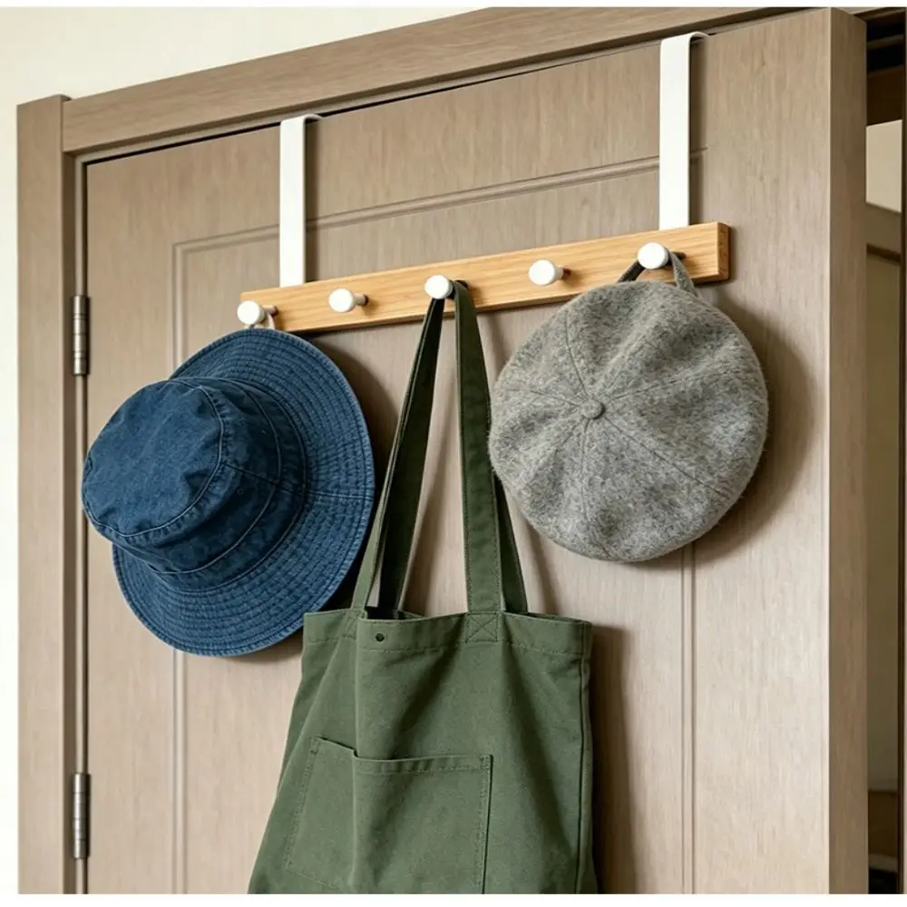 6 Hooks Over The Door Hooks Natural Bamboo Stable Structure Clothes Rack Smooth Surface Matte Metal Brackets