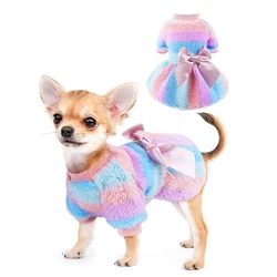 Rainbow Stripes Dog Dresses for Small Dogs Fleece Warm Dog Sweaters Winter Puppy Girl Cute Princess Dresses for Chihuahua Yorkie