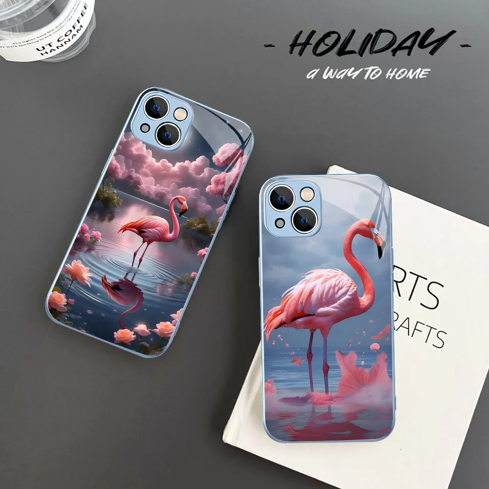 

Pink Fantasy Flamingos Phone Case Tempered Glass For iphone 14 13 12 11 Pro Mini XS MAX 14Plus X XS XR Fundas