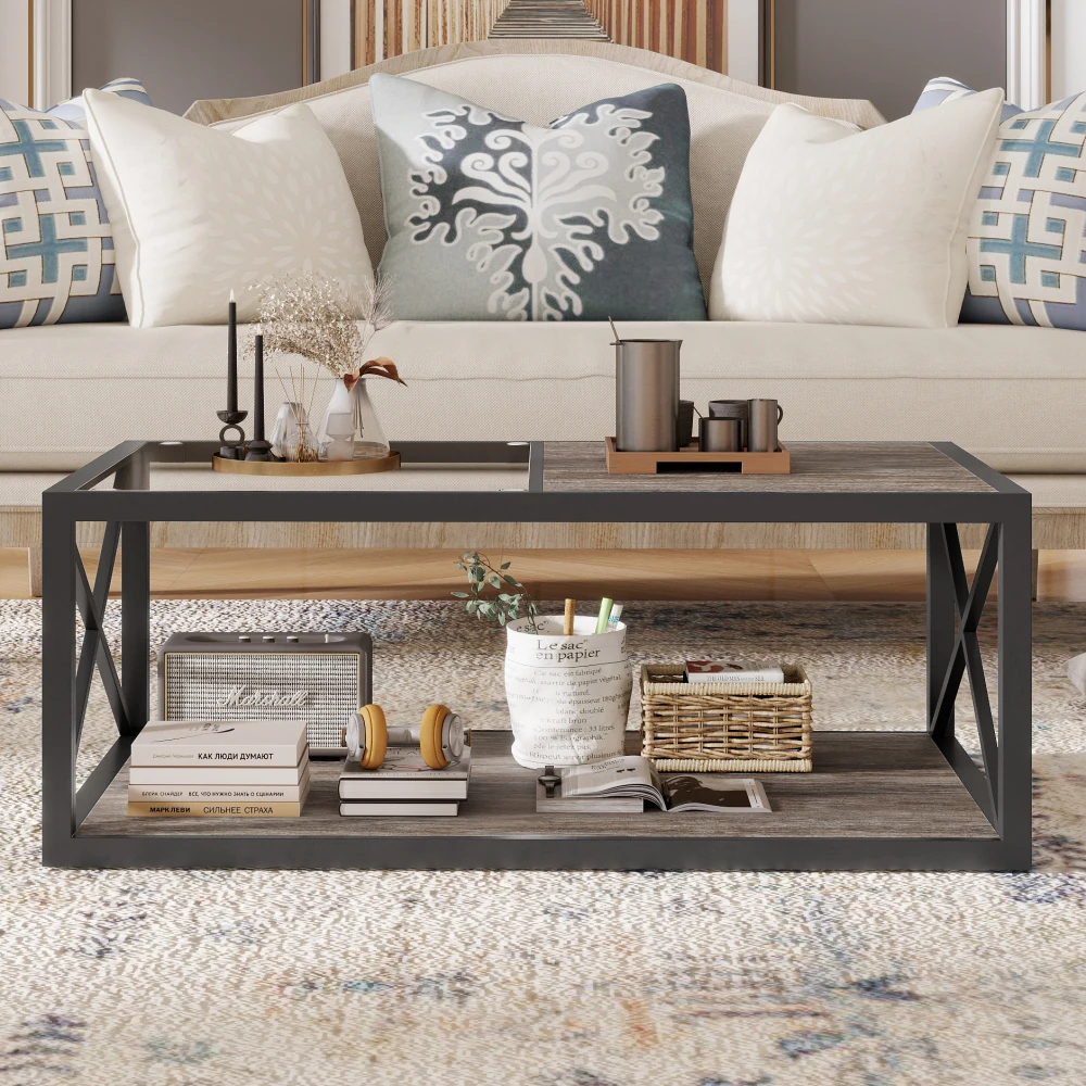 Modern Coffee Table for Bedroom & Living Room Tempered Glass&Rustic Wood Grain MDF Industrial Style Coffee Table