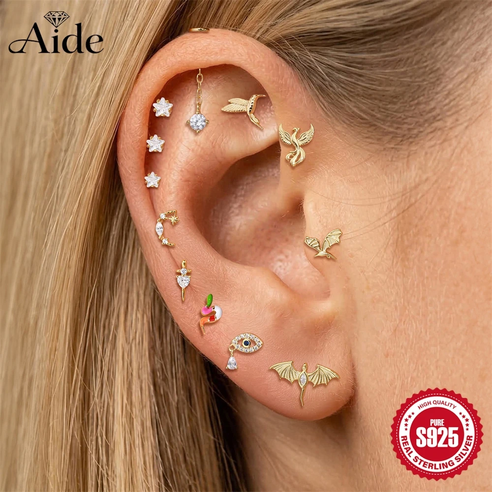 AIDE 925 Sterling Silver Classic Star/Devil's Eye Dainty Luxury For Women Bird Animal Series Flat Head Puncture Ear Bone Nail