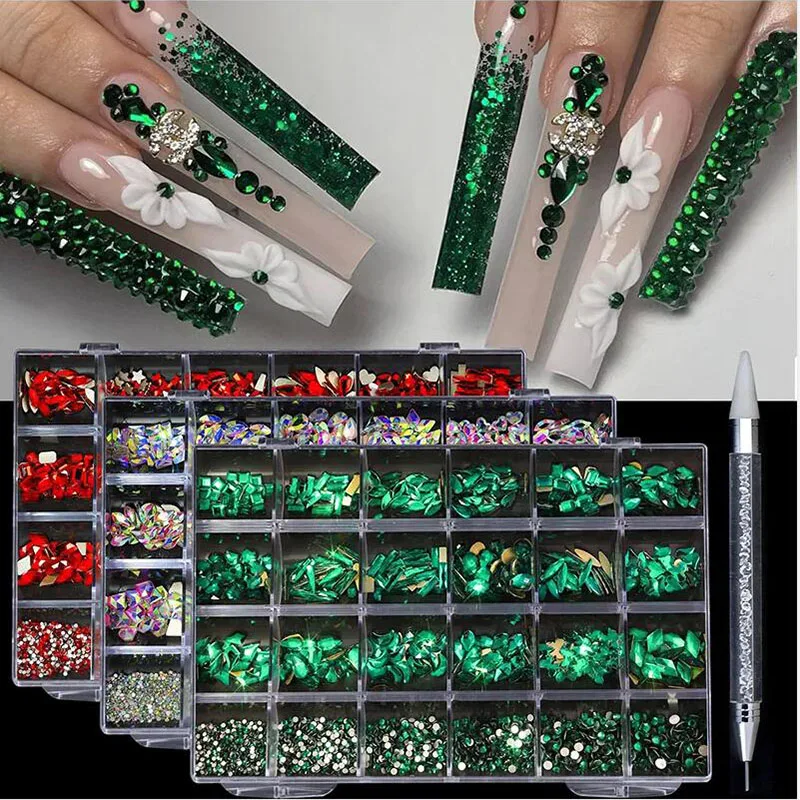 

24 Grid Diamond Jewelry Set for Nail Art Decorations Nail Ab Flat Bottom Drill Nail Art Luxe Nail Shaped Diamond Illusion Color