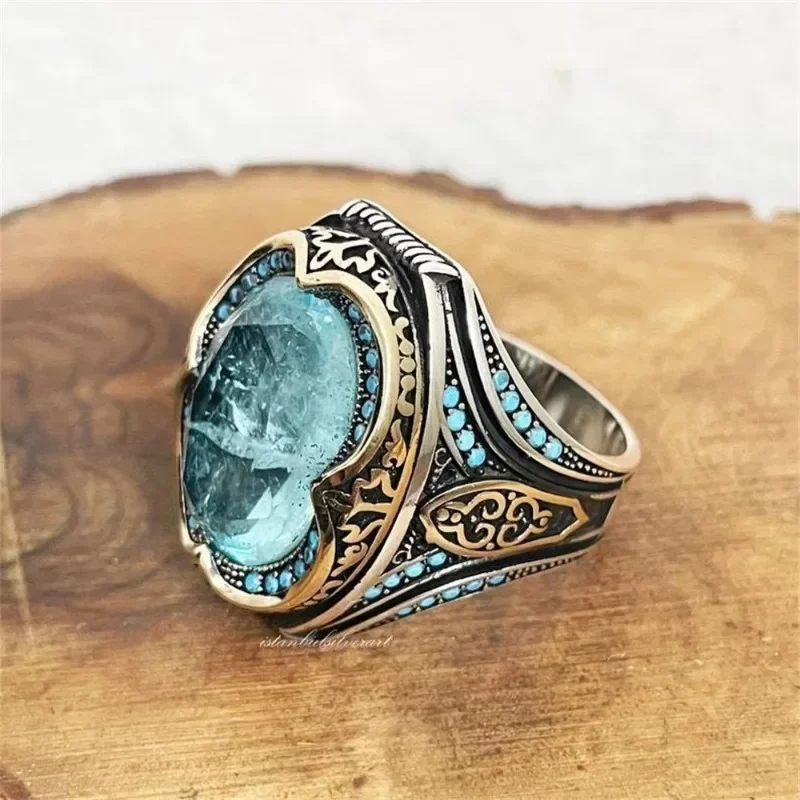 Jianjie Light Luxury Men's Oval Light Blue Large Zircon Rings Two Tone Pattern Retro Personality Accessories Trend