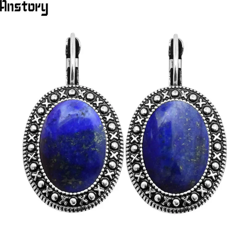 Natural Lapis Lazuli Earrings Vintage Pendant Earrings For Women Antique Silver Plated Fashion Jewelry