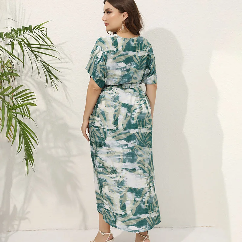 Plus Size V-Ausschnitt Blumen druck Boho Kleid Frauen Sommer Kurzarm Maxi kleider Urlaub A-Linie weibliche Gürtel Kleid