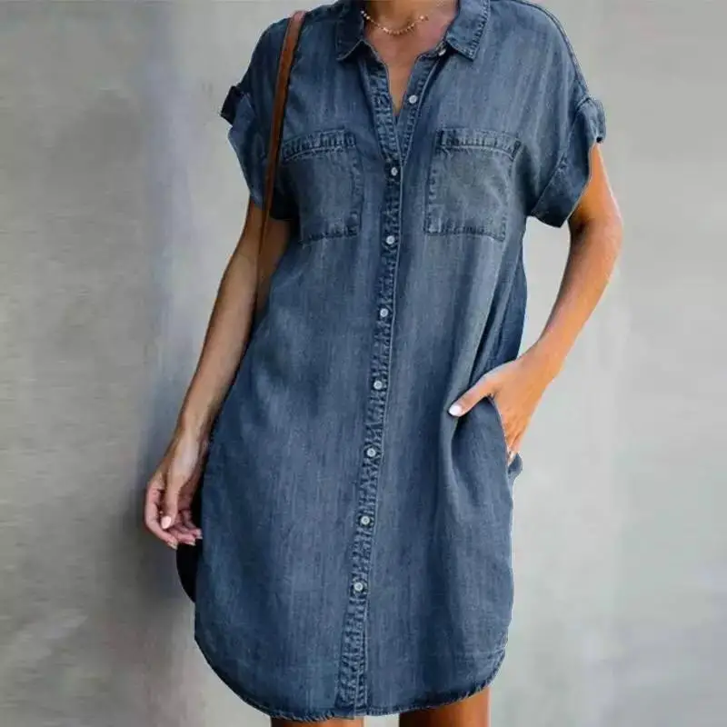 Short Sleeve Distressed Jean Dress Button Down Casual Fashion Tunic Top Women Denim Shirt Dresses Vestidos De Fiesta