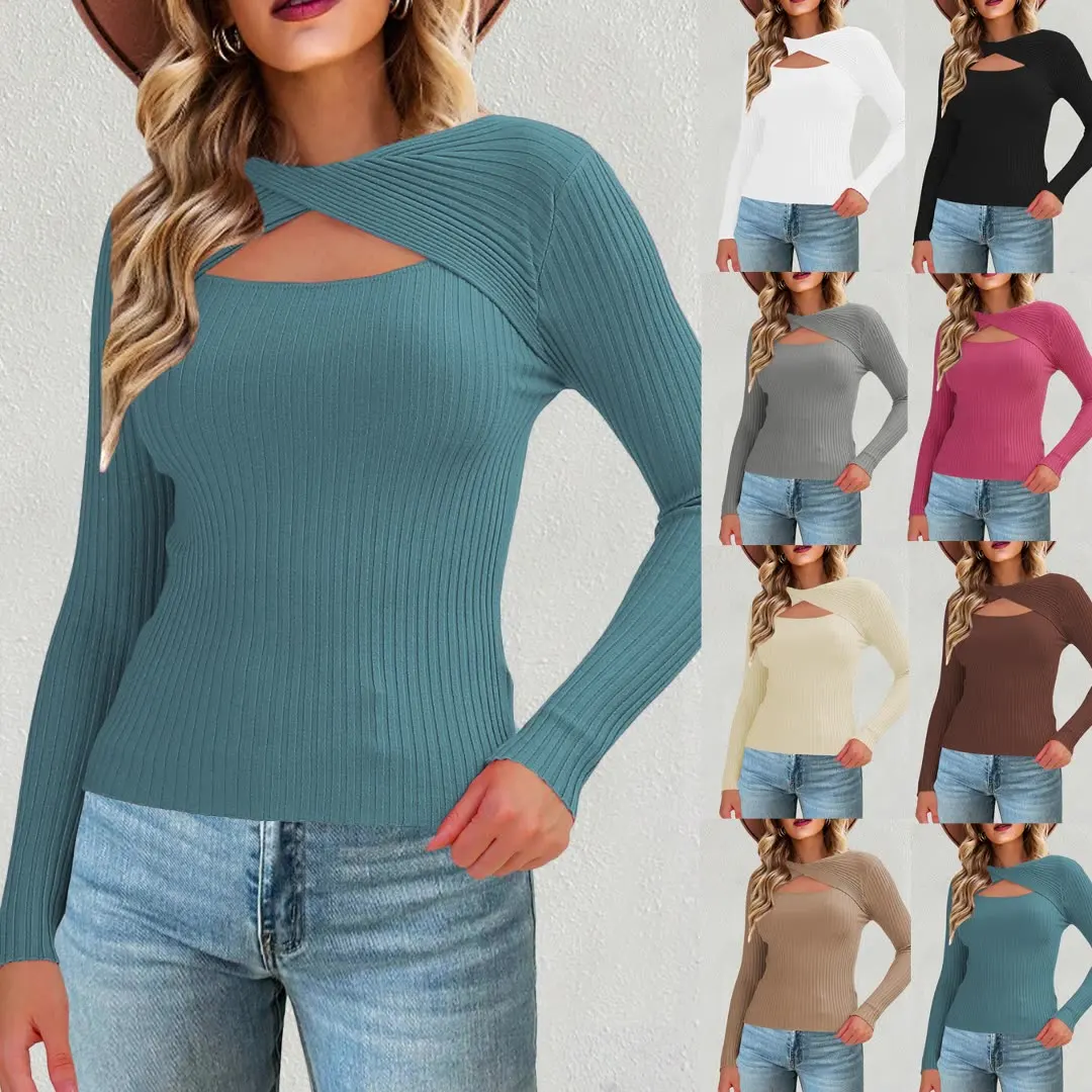 

Women's Pullover Sweaters Long Sleeve Cutout Knit Lightweight Crew Neck Fall Tops S-XL Casual Women Swear