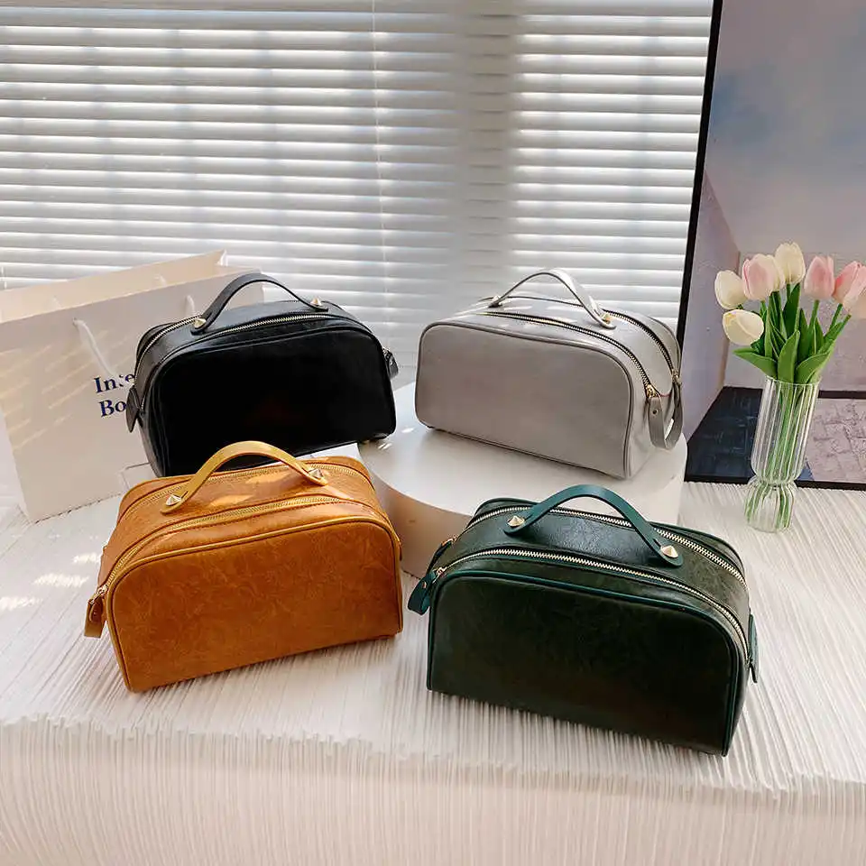 PU Leather Makeup Bag New Retro Double Zipper Portable Premium Sense Large Capacity Toilet and Carry Large Makeup Storage Bag