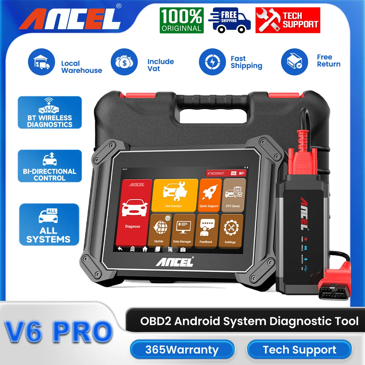 ANCEL V6 Pro OBD2 Professional Automotive Scanner with Bluetooth All System Bi-Directional 25 Resets OBD Car Scan Dianostic Tool