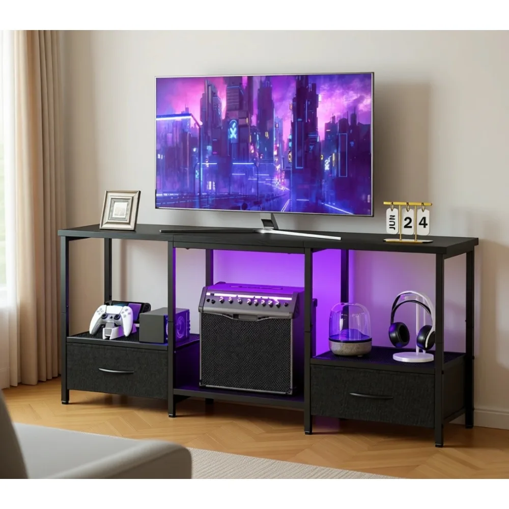 

Подставка для LED-телевизора с открытыми полками и выдвижным ящиком, подходит для телевизоров до 55 дюймов, для гостиной и спальни, черная