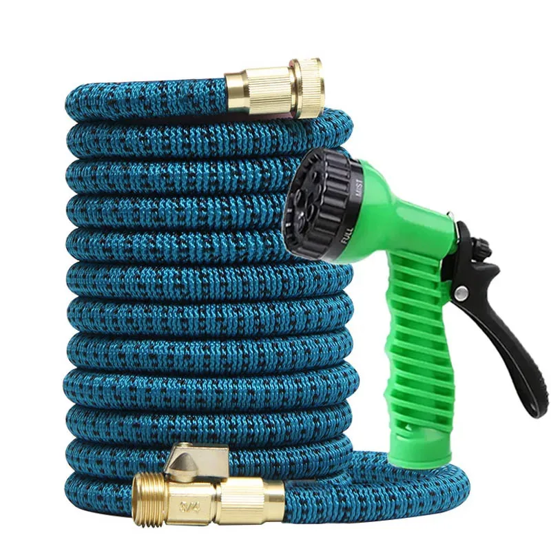 

Растягивающийся садовый шланг с насадкой высокого давления, синий, в оплетке, с латунным соединителем