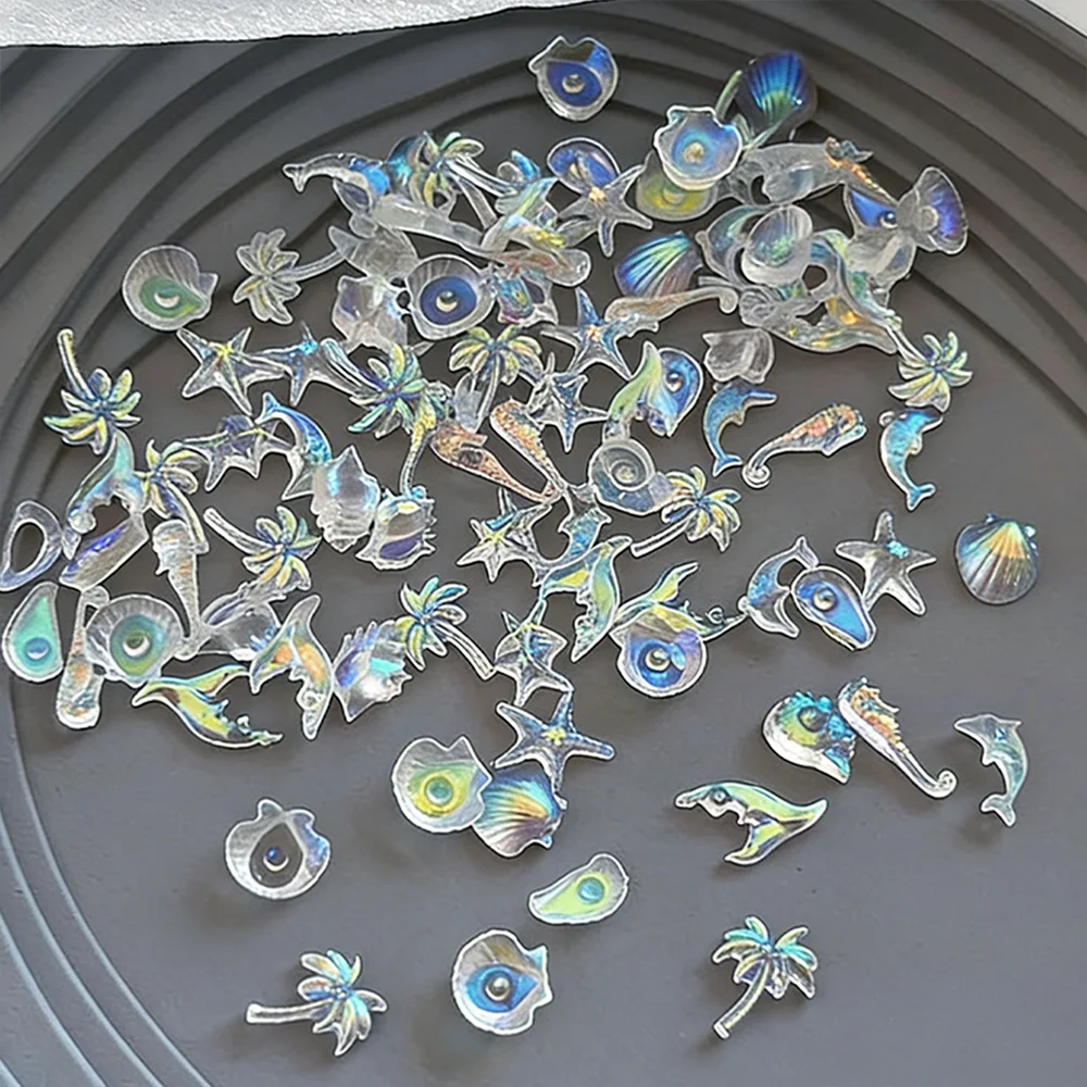 50 Pezzi Decorazioni per Unghie 3D in Resina Serie Oceano: Conchiglie, Stelle Marine, Delfini, Conche, Alberi di Cocco Blu/Bianchi/Aurora con Strass