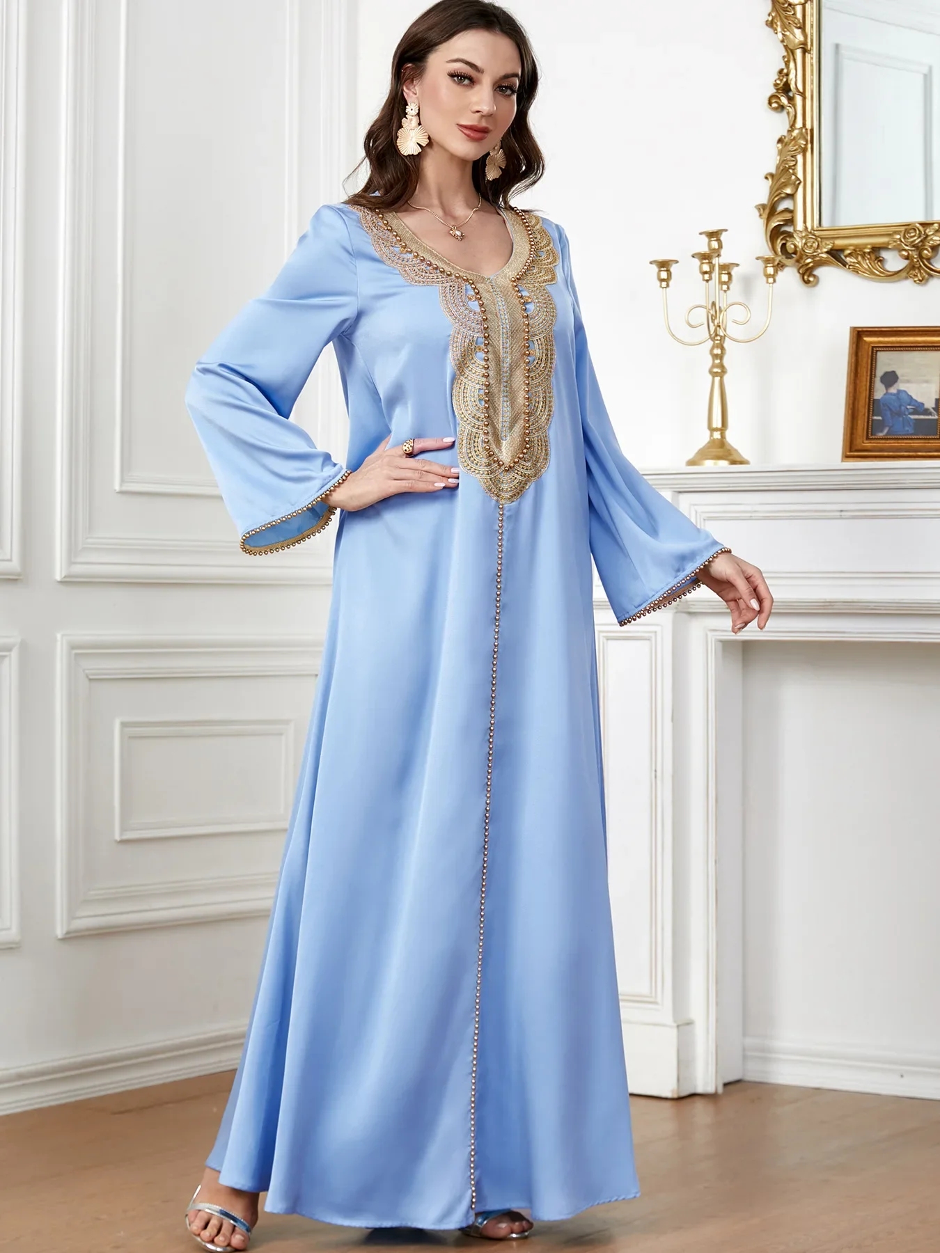 Nuove Perline Abaya per Le Donne Musulmane Maxi Vestito Dubai Turchia Caftano Marocain Golfo Jalabiya Longue Abiti Arabo Robe Eid Caftano